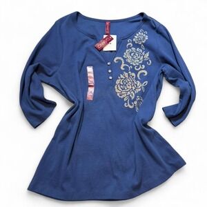 Vintage 90s Gitano Navy Rhinestone Embellished Floral Henley Top, Women's 18/20W